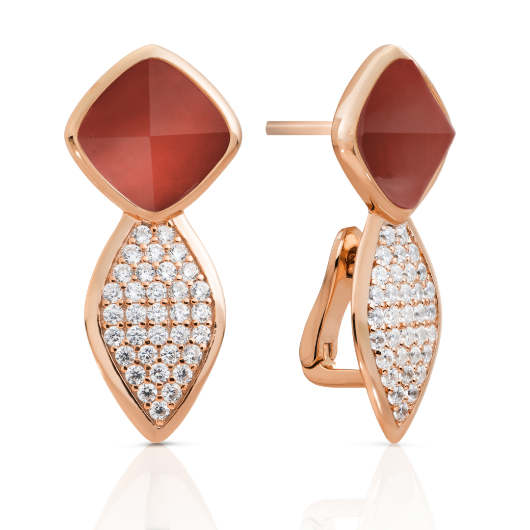 Earrings - Edge Crystal Rose Gold - Double pin - Red Agate