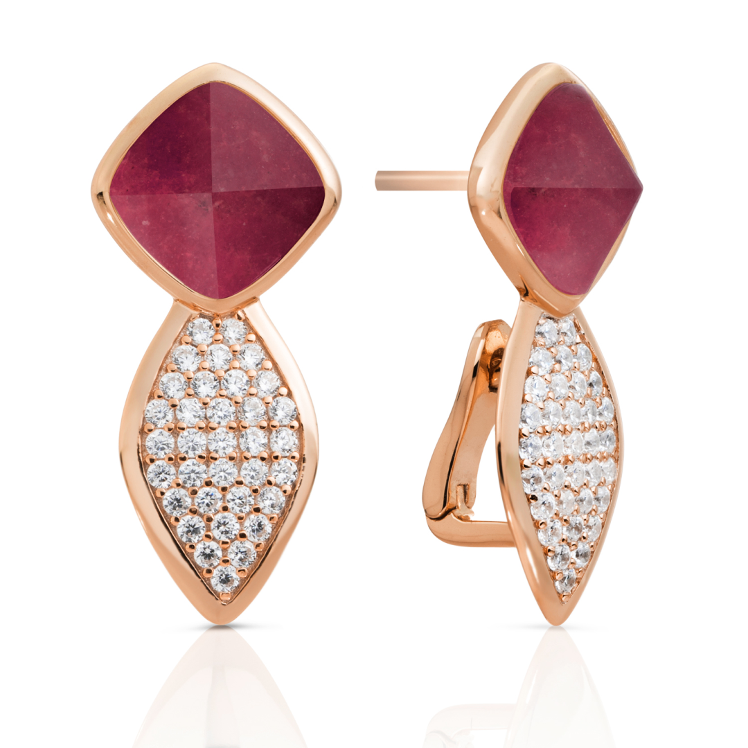 Earrings | Edge Crystal Rose Gold - Double pin - Red Jade