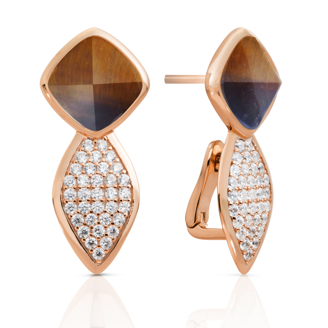 Earrings - Edge Crystal Rose Gold - Double pin - Tiger Eye