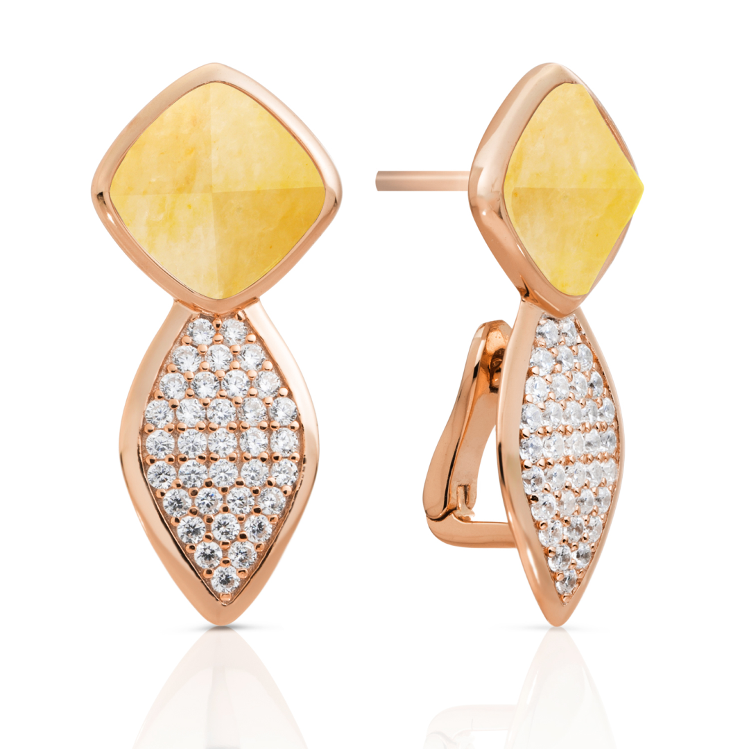 Earrings | Edge Crystal Rose Gold - Double pin - Yellow Jade