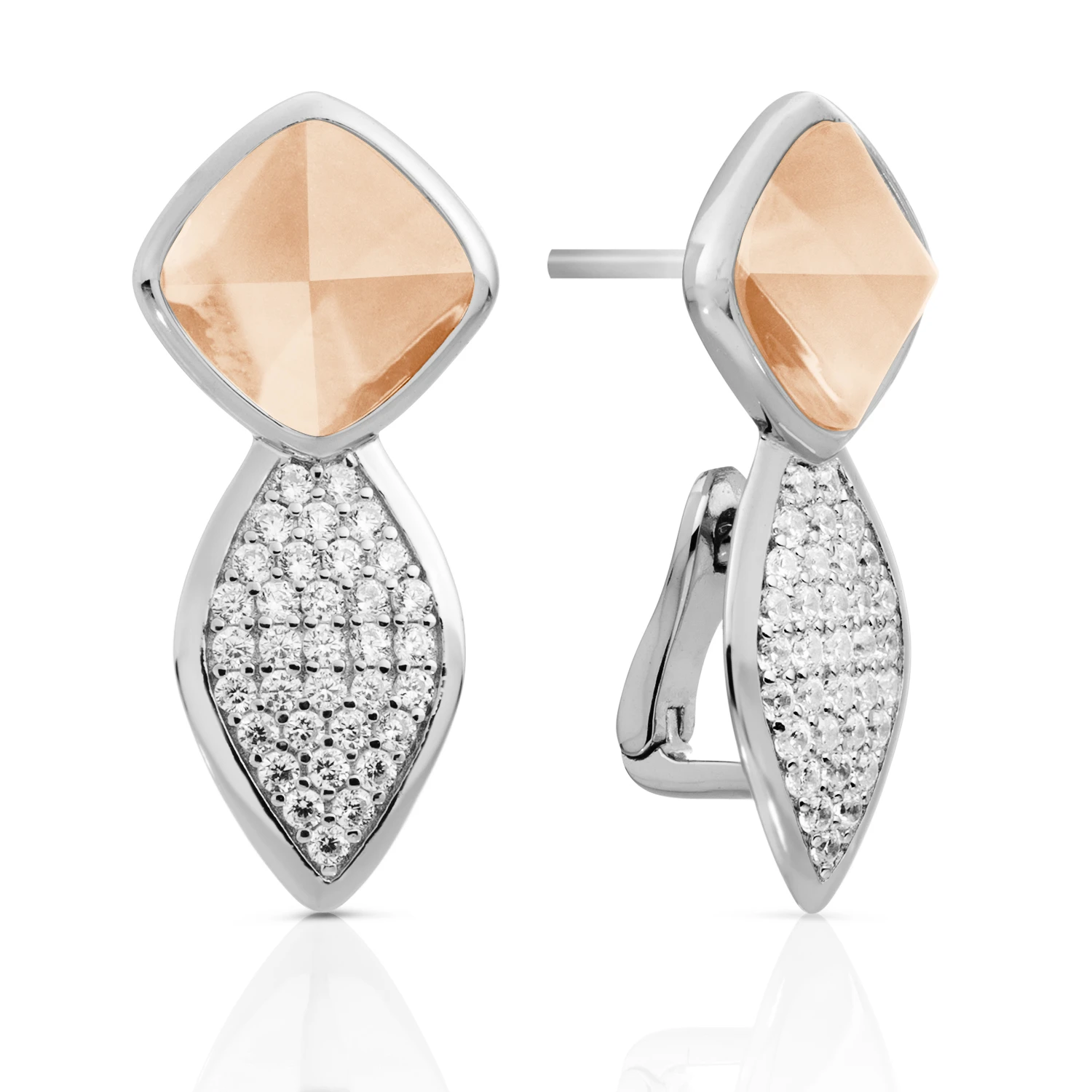 Earrings | Edge Crystal Silver - Double pin - Champagne Quartz