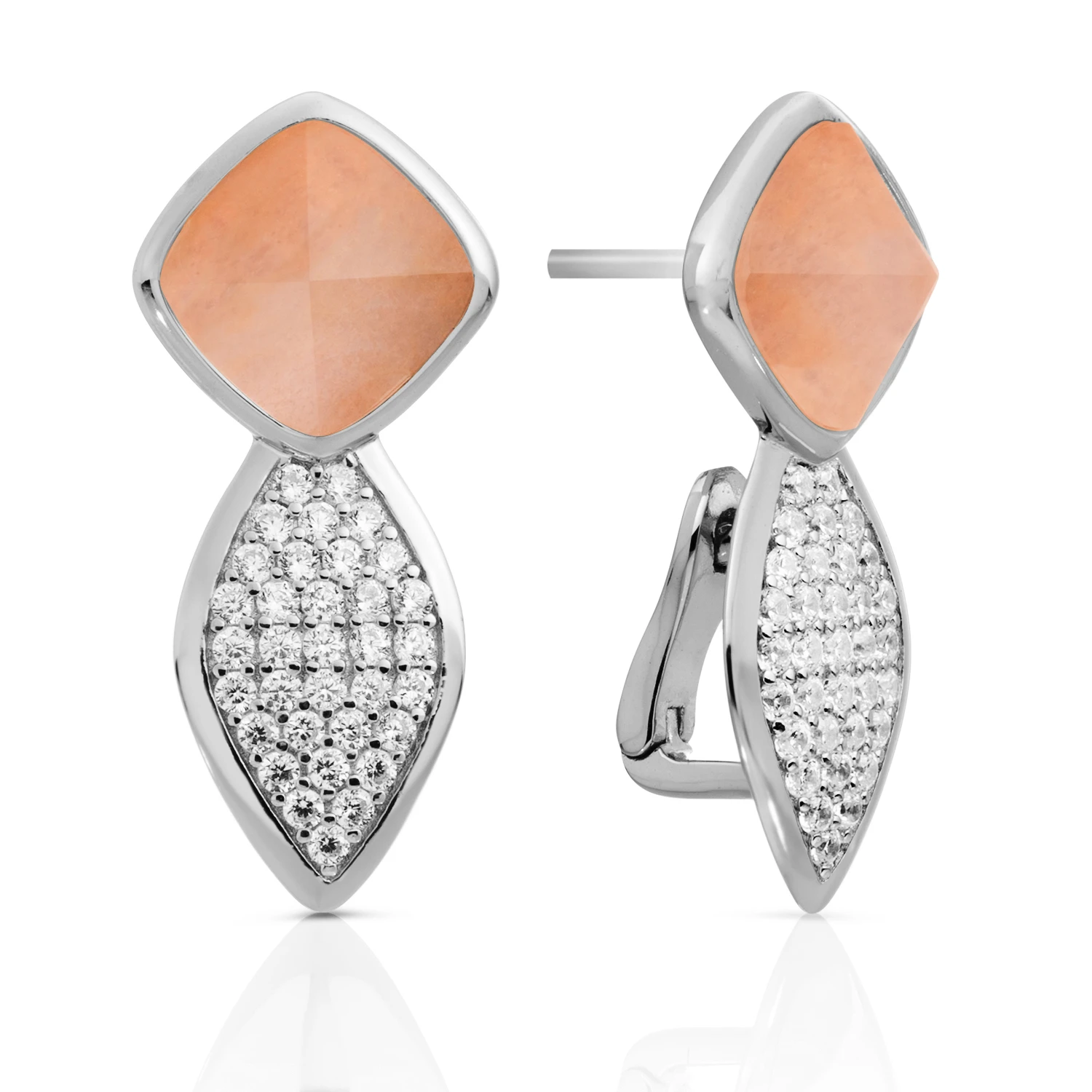 Earrings - Edge Crystal Silver - Double pin - Peach Rhodonite