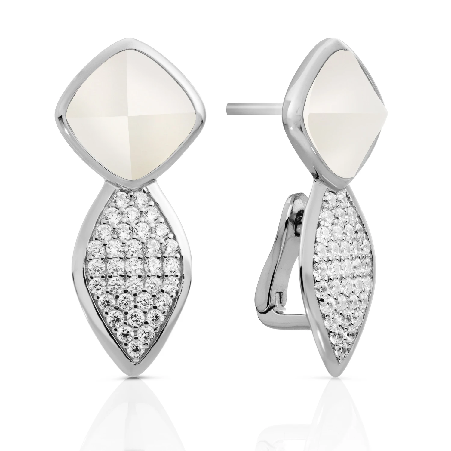 Earrings | Edge Crystal Silver - Double pin - Pearl