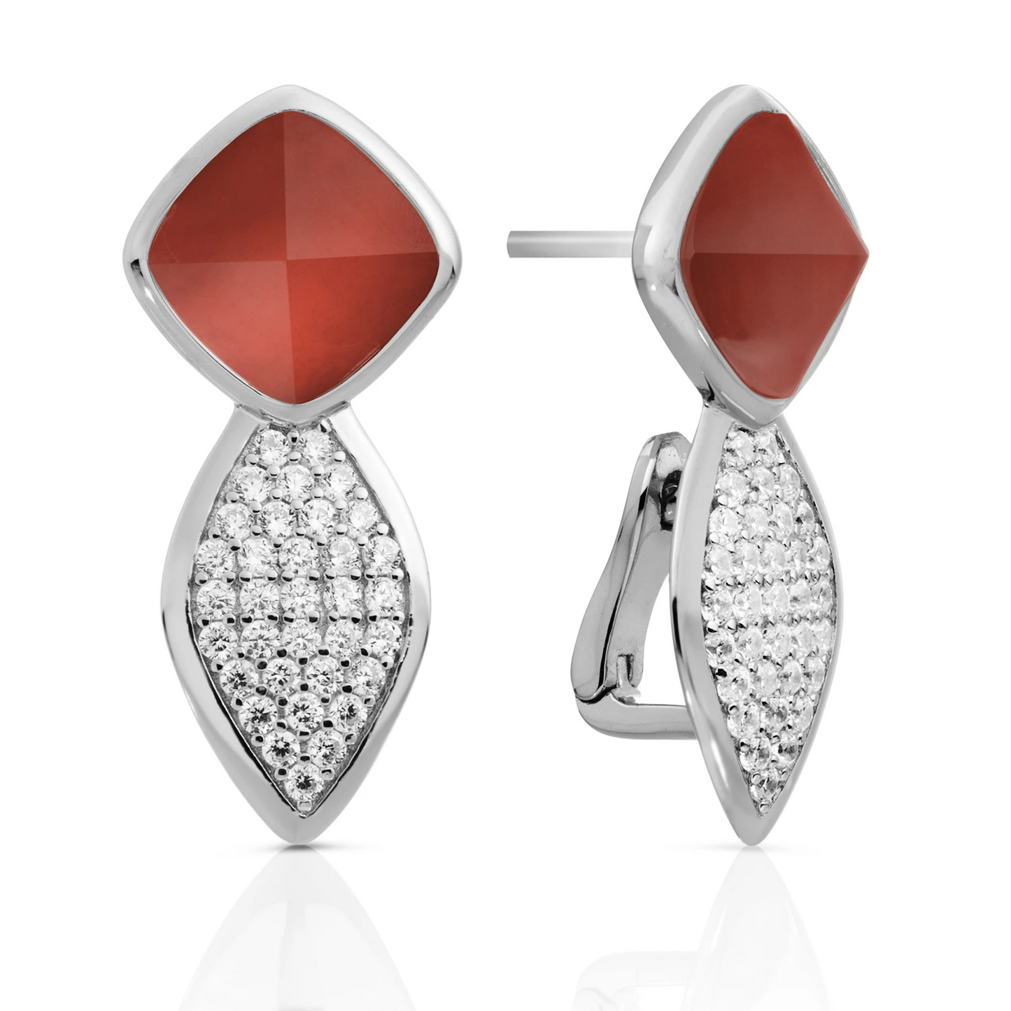 Earrings - Edge Crystal Silver - Double pin - Red Agate