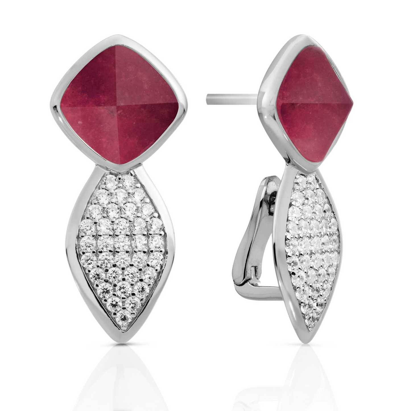 Earrings - Edge Crystal Silver - Double pin - Red Jade