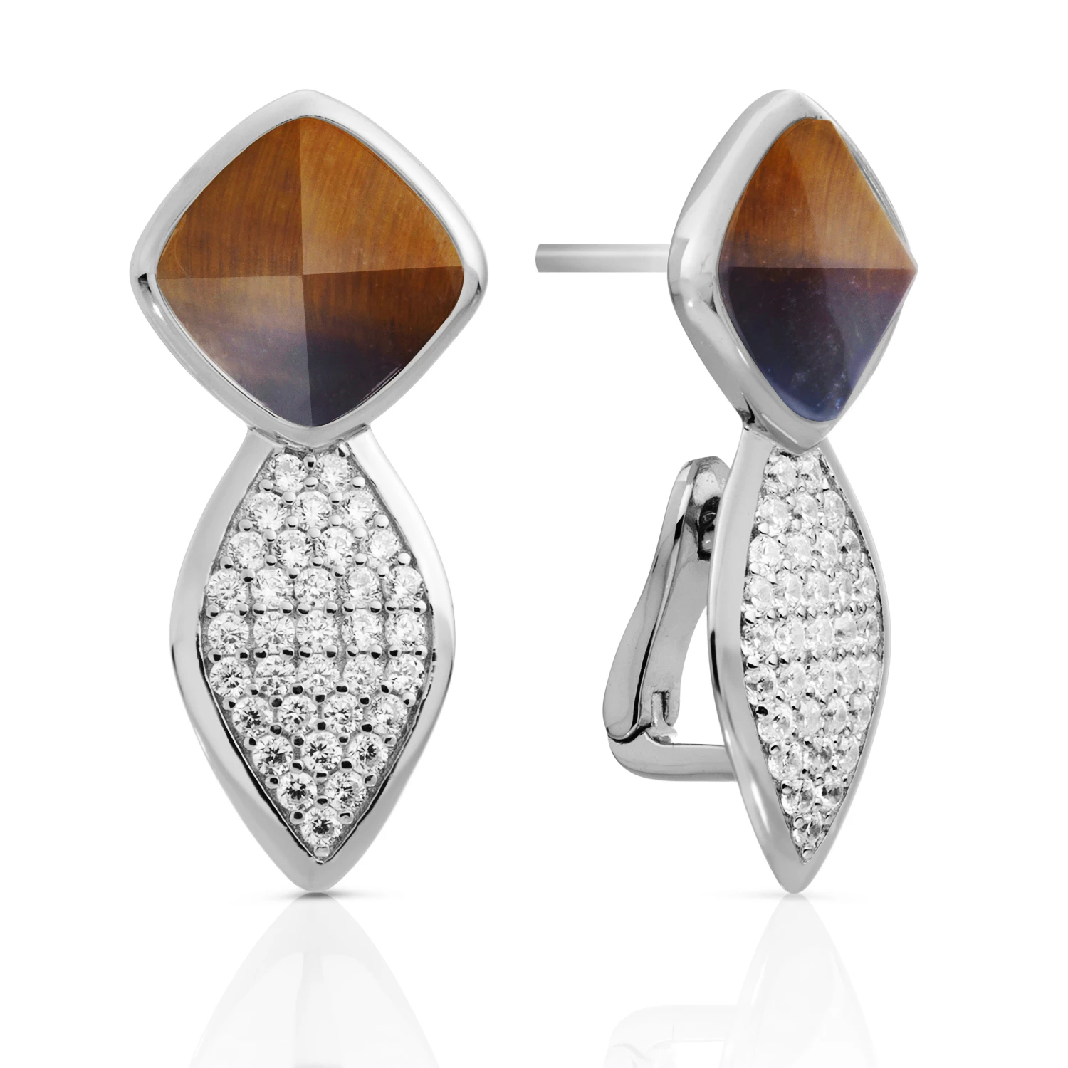 Earrings - Edge Crystal Silver - Double pin - Tiger Eye