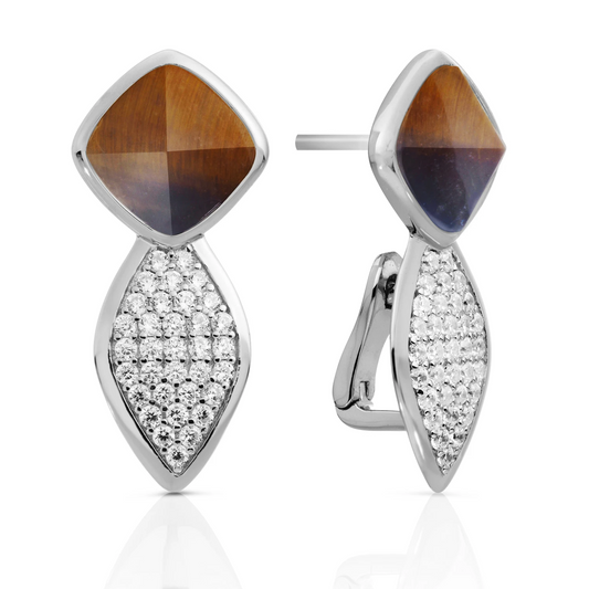 Earrings - Edge Crystal Silver - Double pin - Tiger Eye