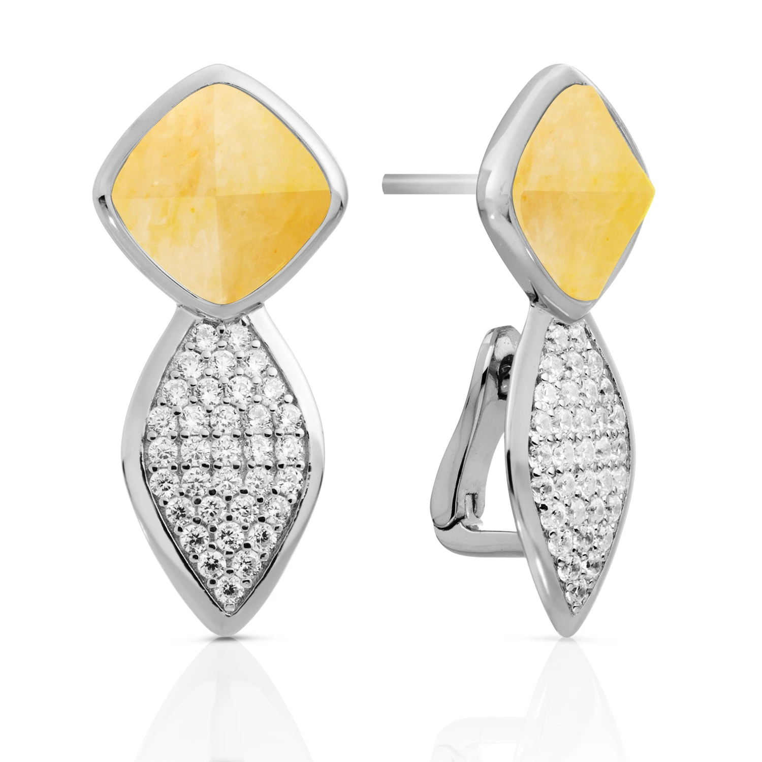 Earrings | Edge Crystal Silver - Double pin - Yellow Jade
