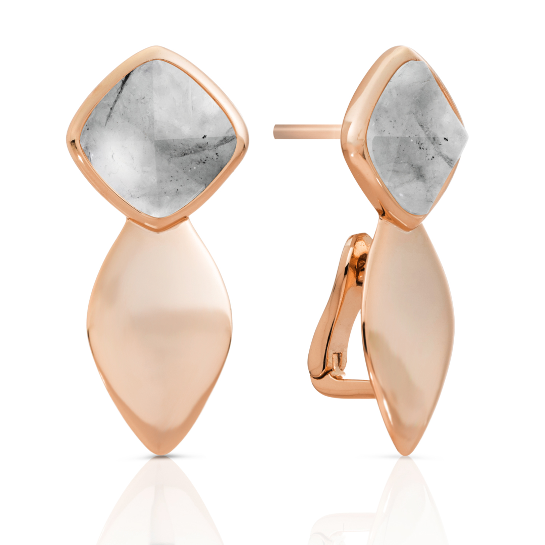 Earrings - Edge Rose Gold - Double pin - Black Rutilated Quartz
