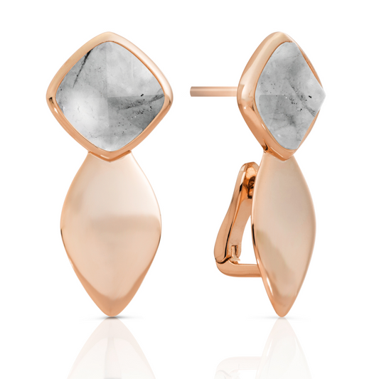 Earrings - Edge Rose Gold - Double pin - Black Rutilated Quartz