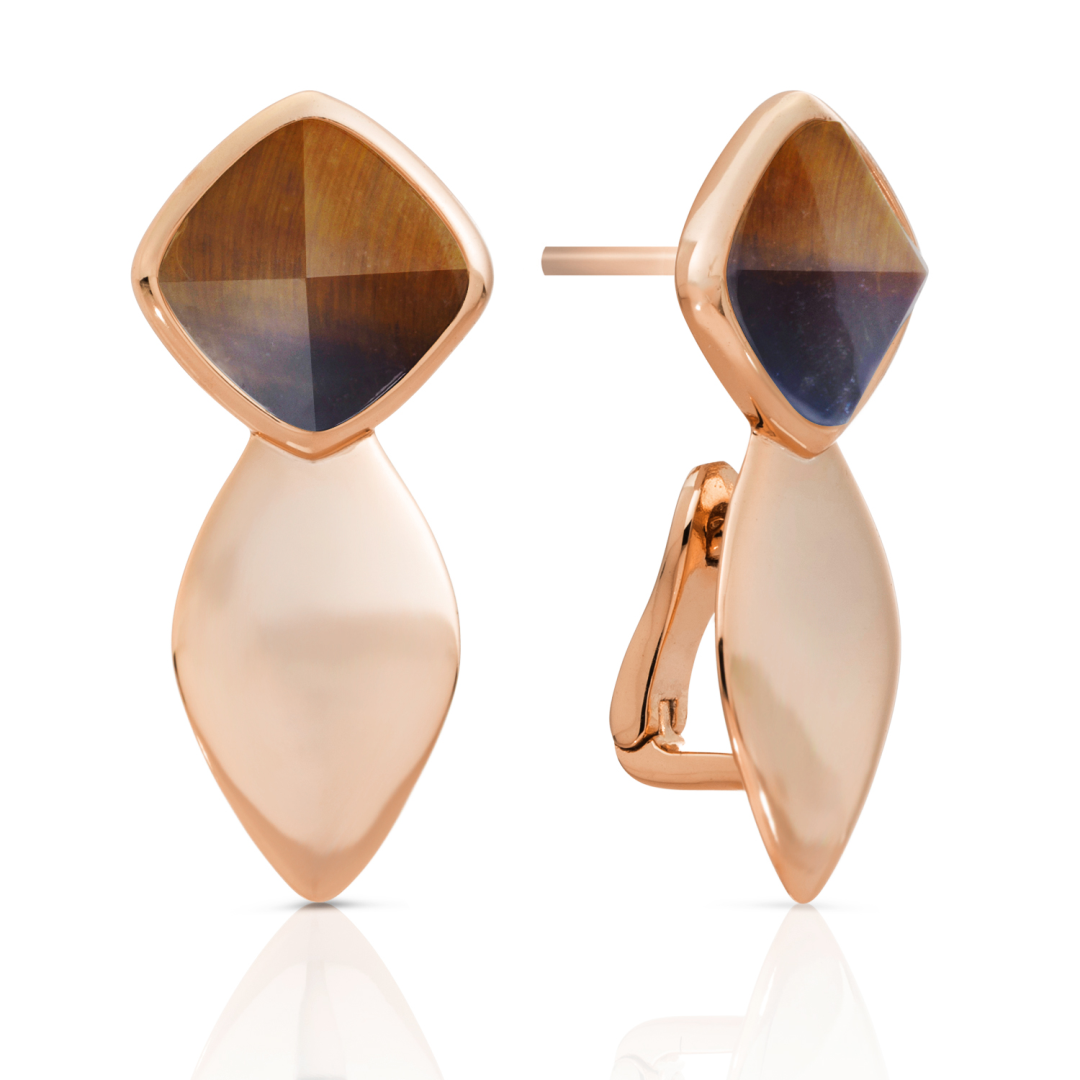 Earrings | Edge Rose Gold - Double pin - Tiger Eye