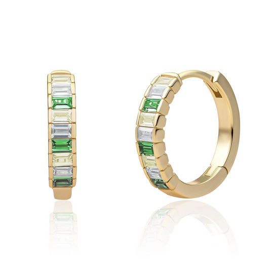 Earrings | Gold Baguette Huggies Green CZ