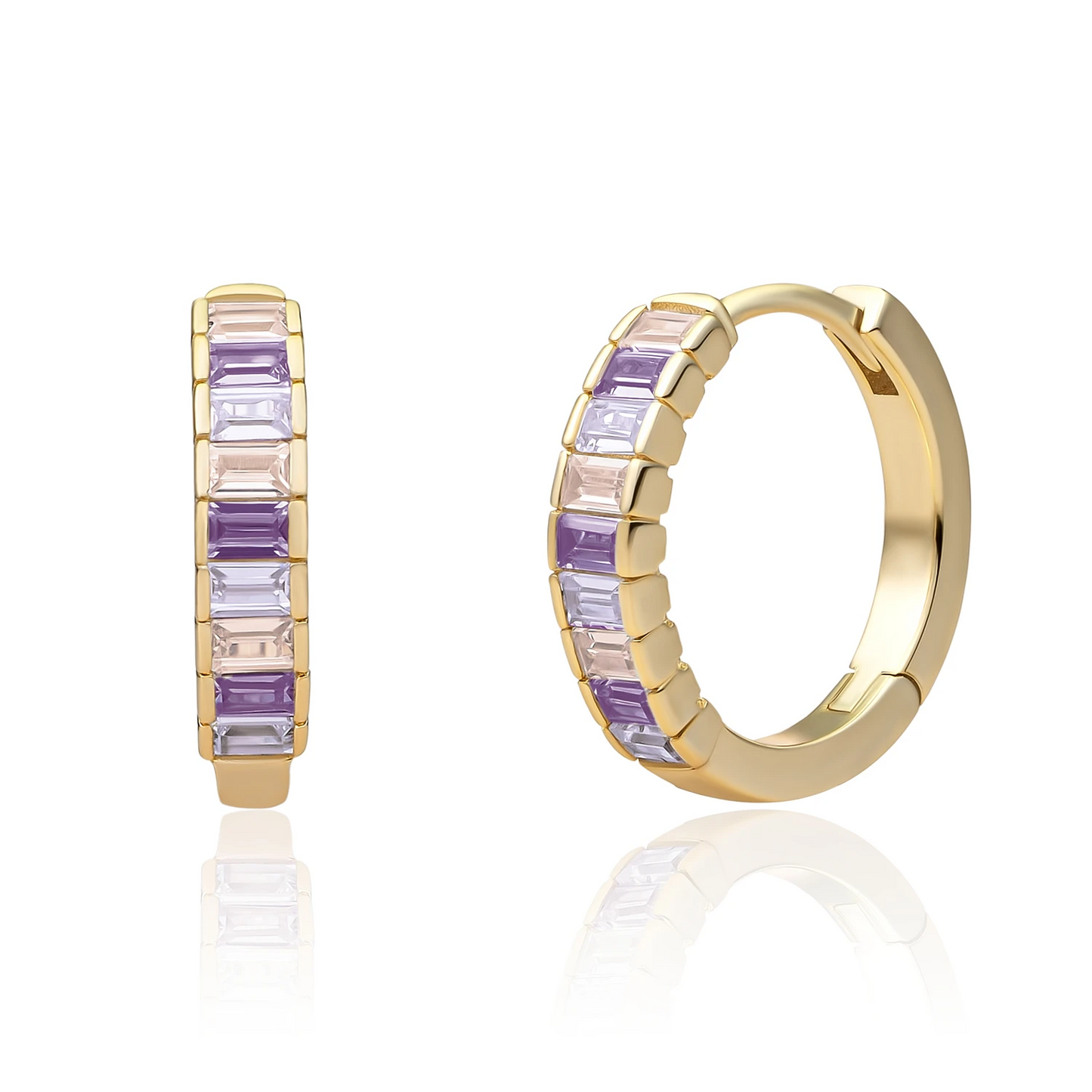 Earrings | Gold Baguette Huggies Purple CZ