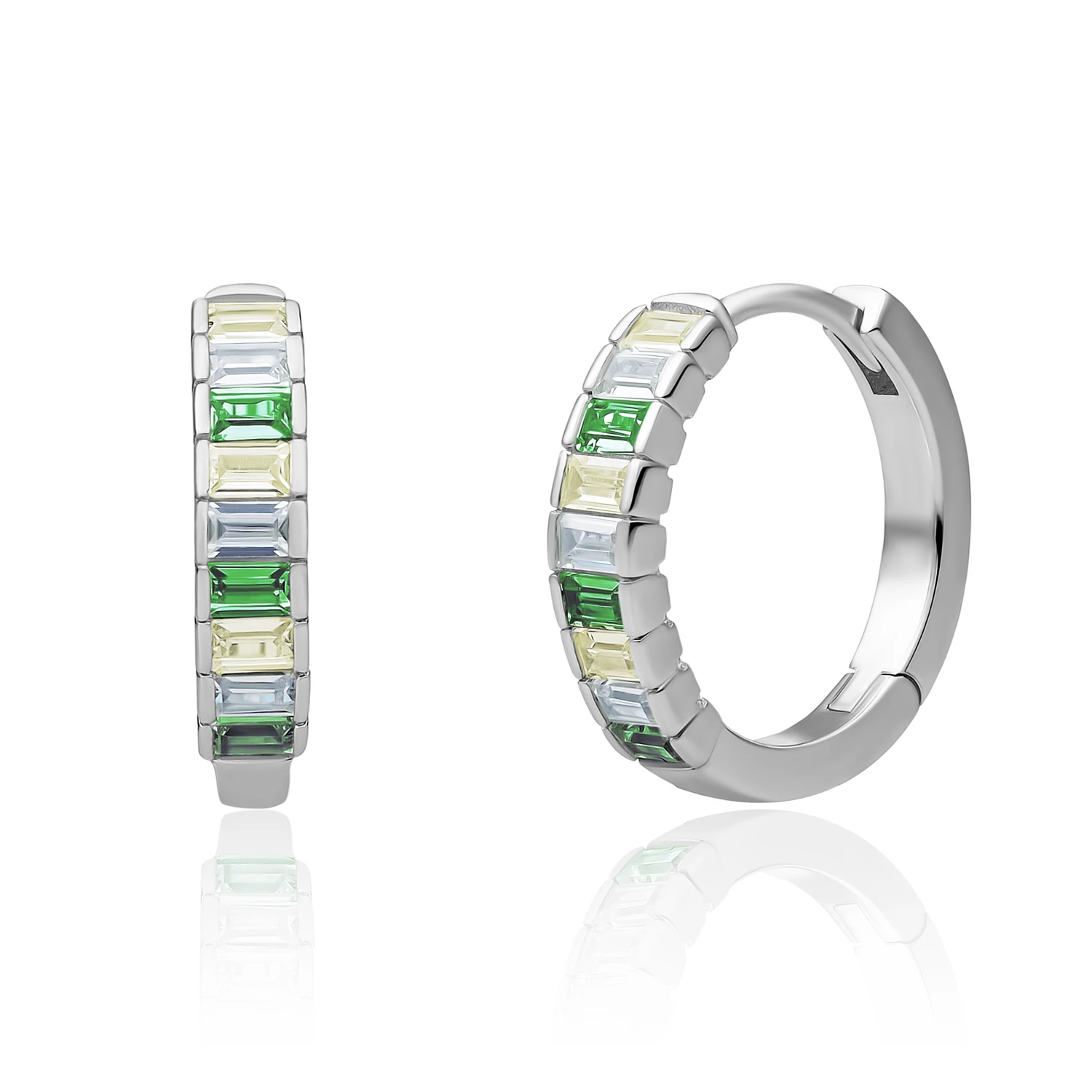 Earrings | Silver Baguette Huggies Green CZ