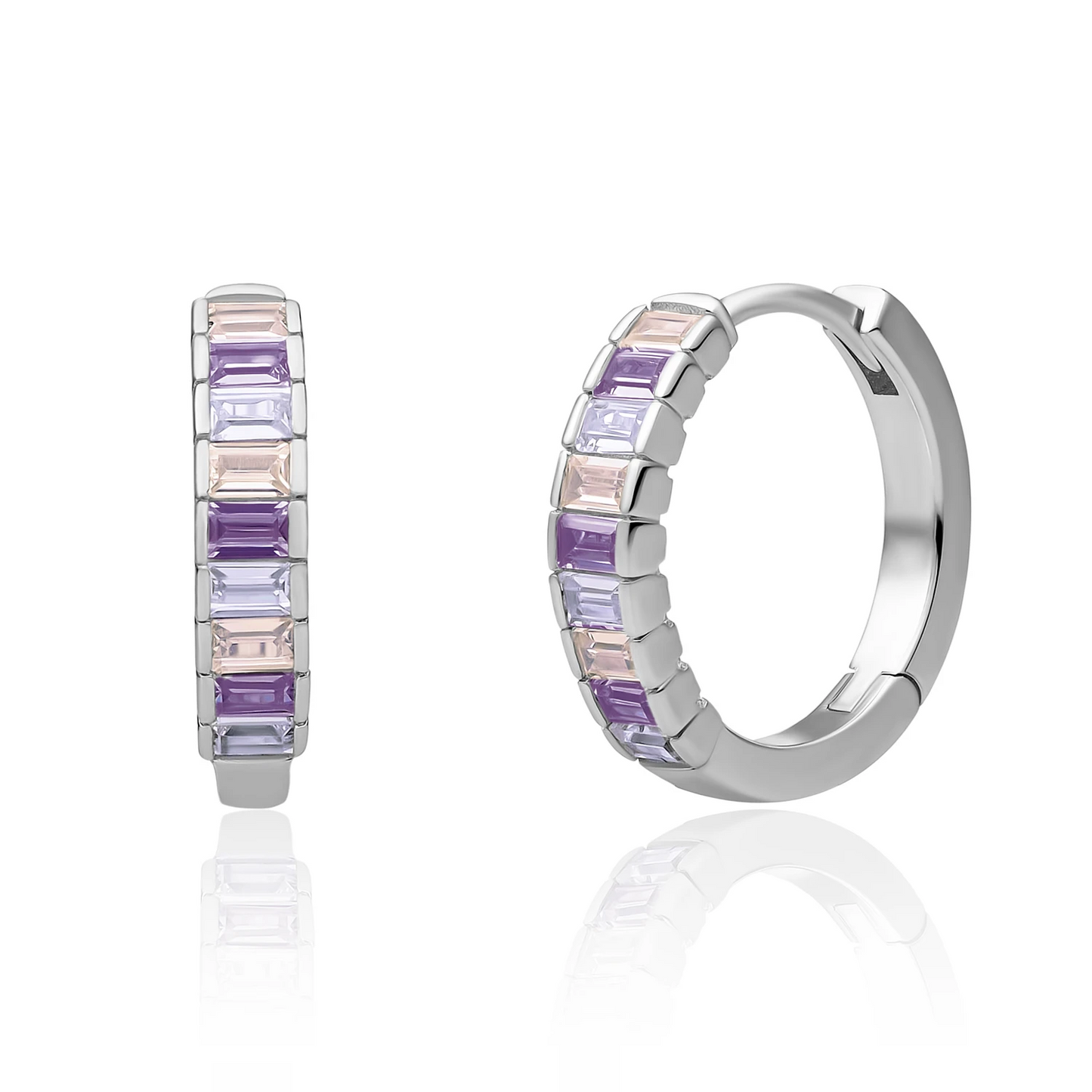 Earrings | Silver Baguette Huggies Purple CZ