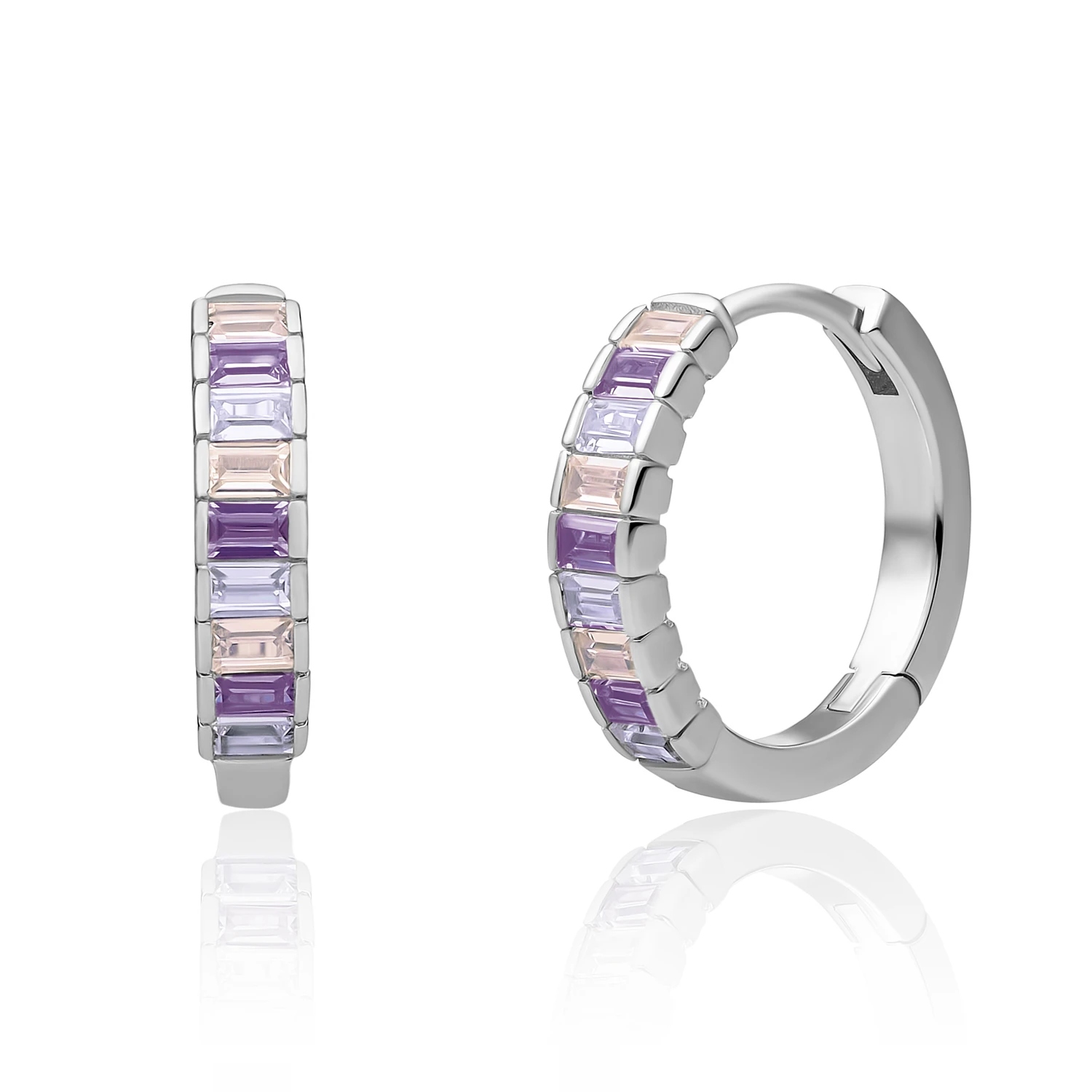 Earrings | Silver Baguette Huggies Purple CZ