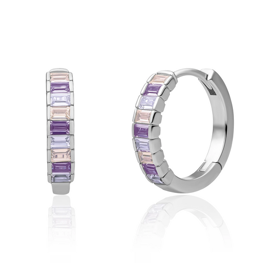 Earrings | Silver Baguette Huggies Purple CZ