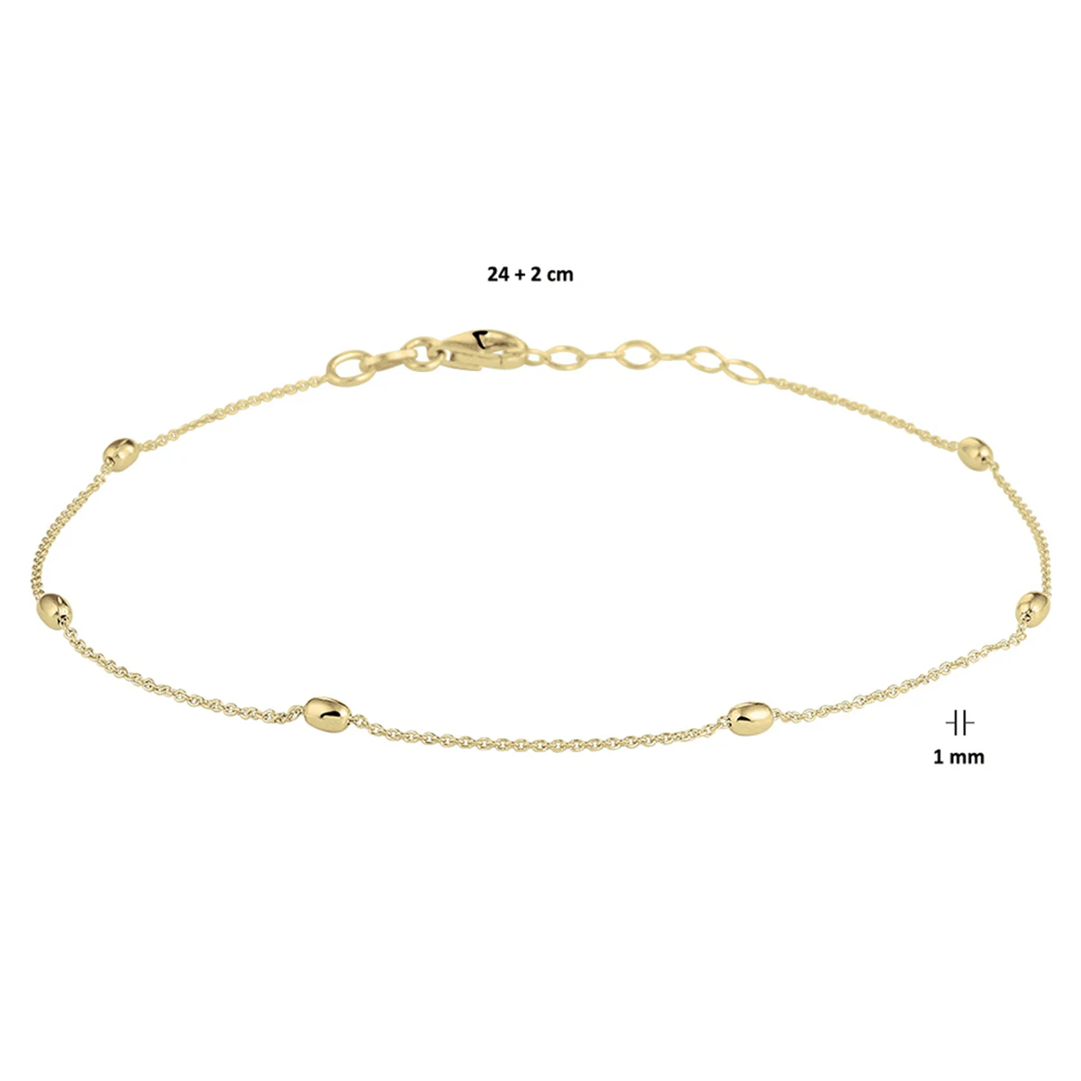 enkelbandje bolletjes 1,0 mm 24 + 2 cm 3 micron zilver verguld (geel)