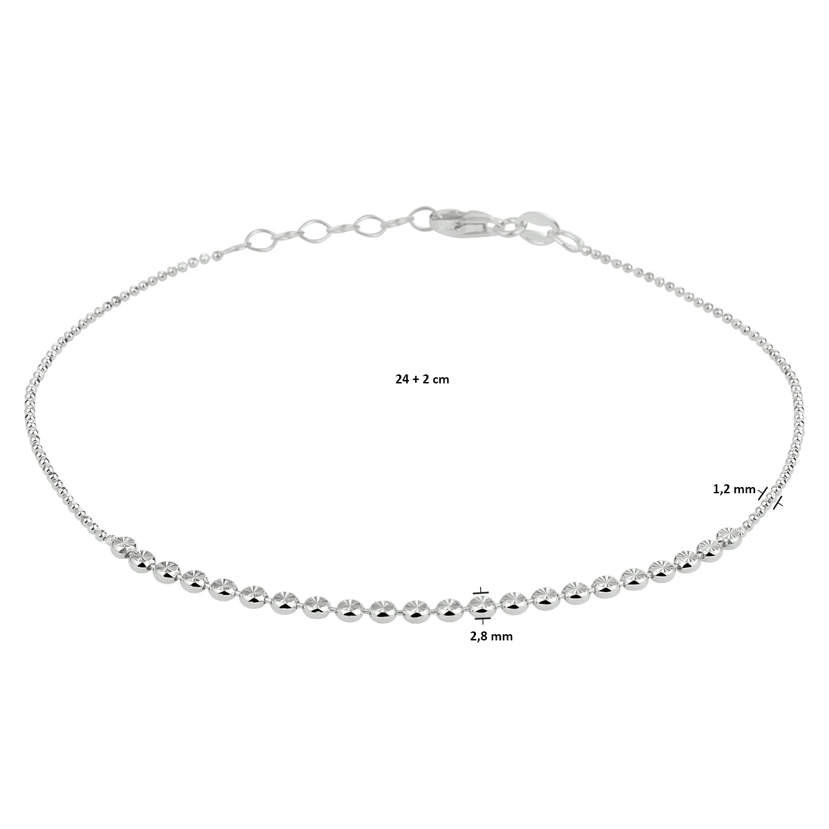 enkelbandje gediamanteerd 1,2 mm 24 + 2 cm zilver gerhodineerd