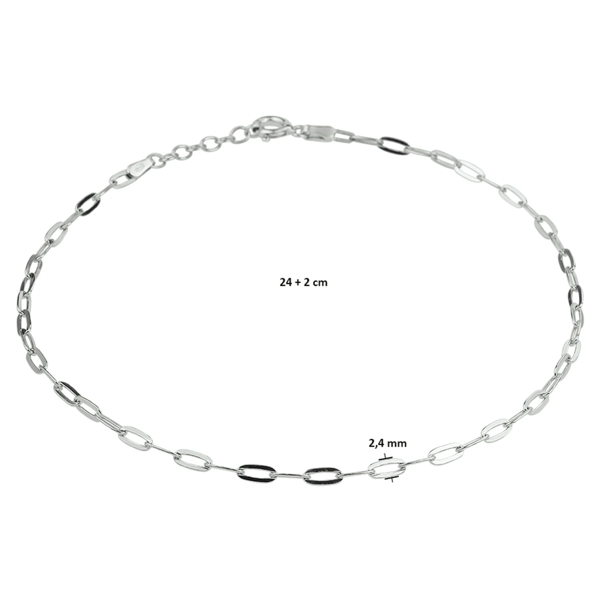 enkelbandje paperclip platte buis 2,4 mm zilver gerhodineerd