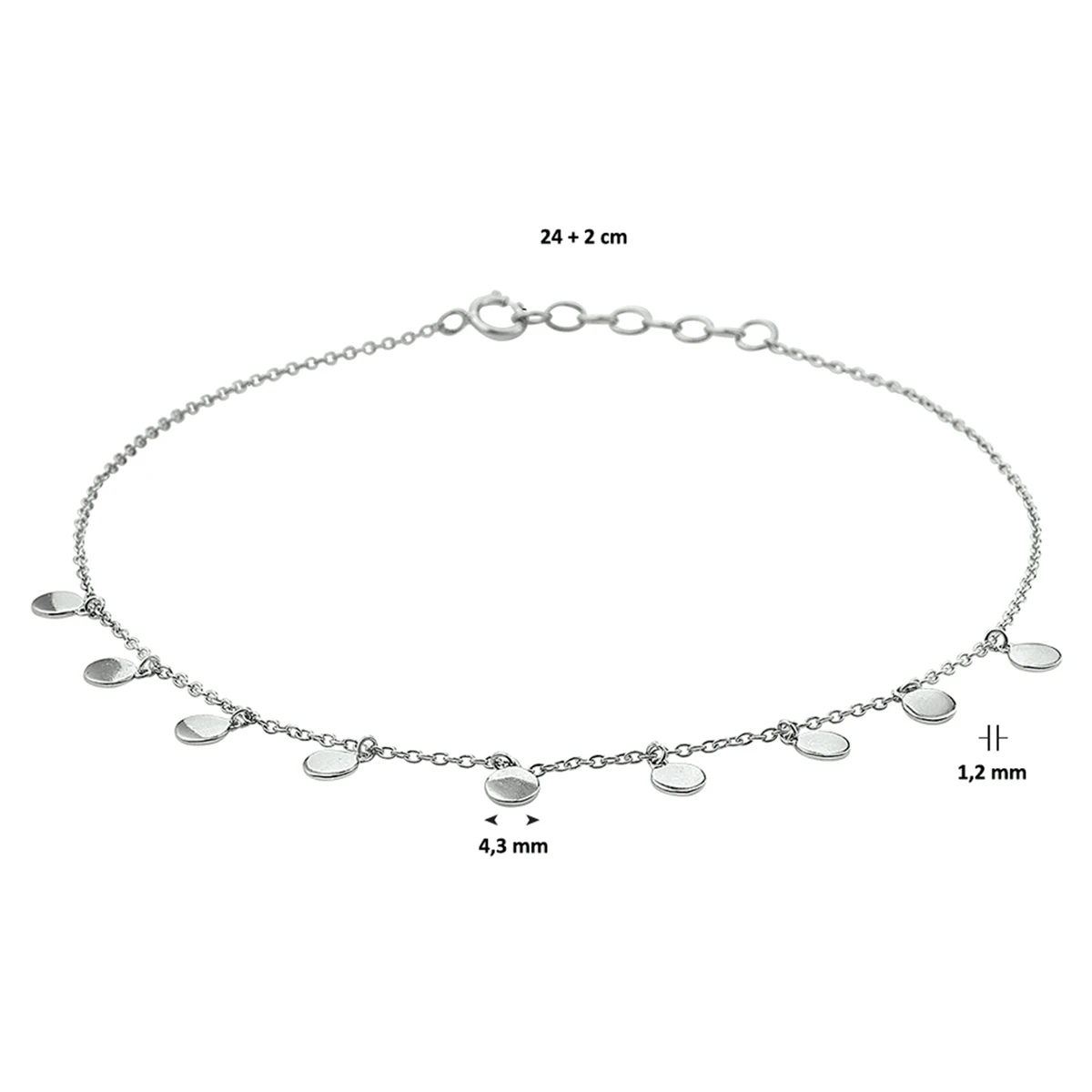 enkelbandje rondjes 24 + 2 cm zilver gerhodineerd