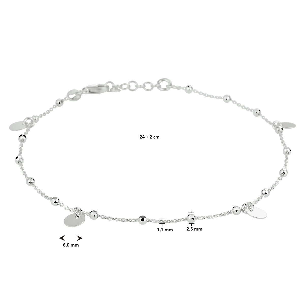 enkelbandje rondjes 24 + 2 cm zilver gerhodineerd