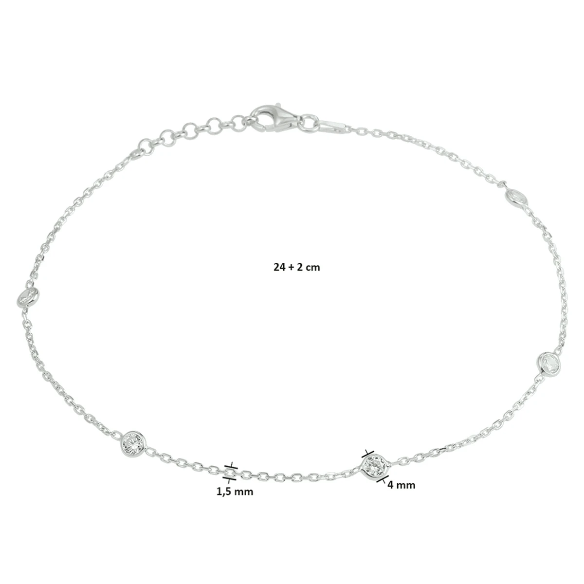enkelbandje zirkonia 24 + 2 cm zilver gerhodineerd