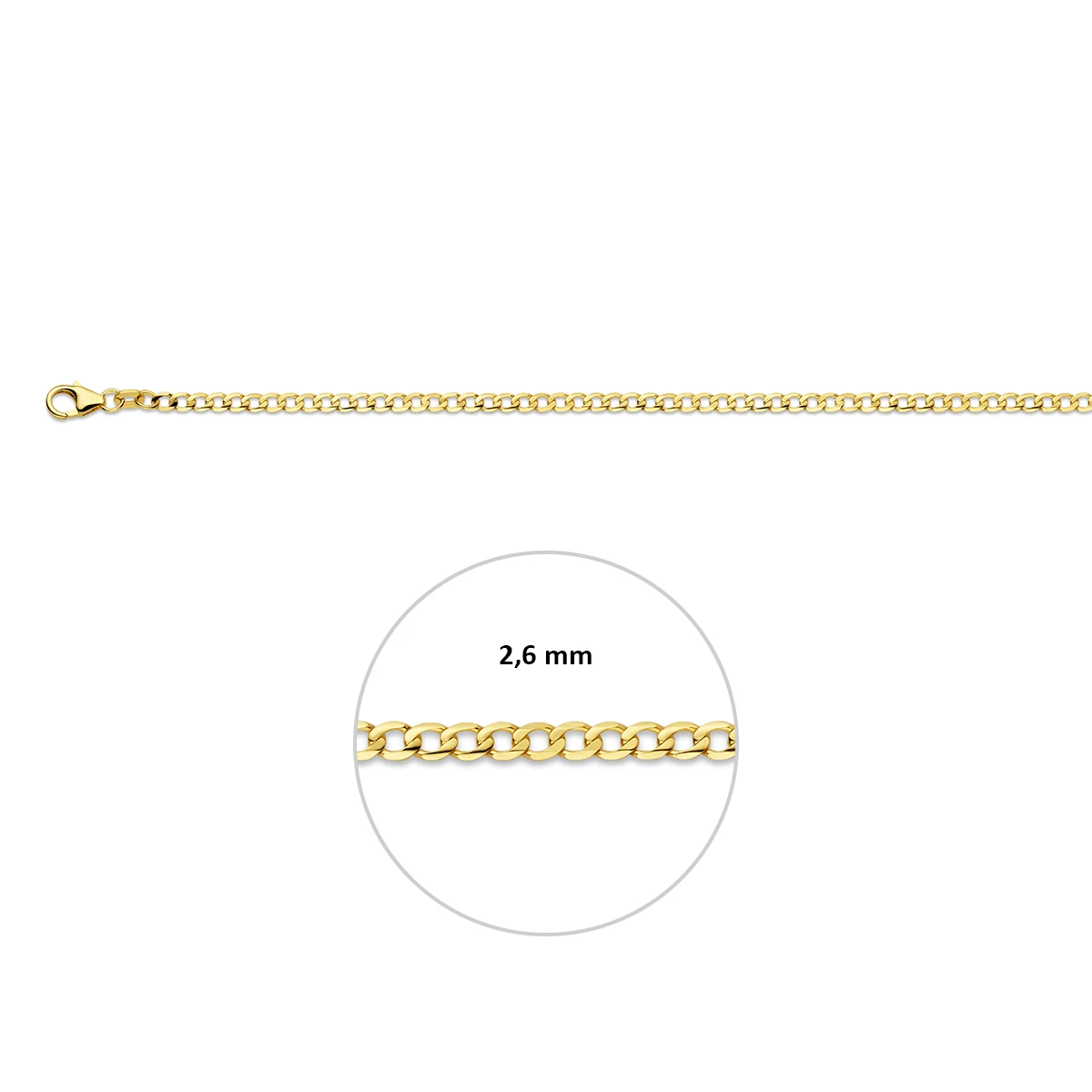 gourmette wijd 6 zijdes geslepen 2,6 mm massief 14K geelgoud