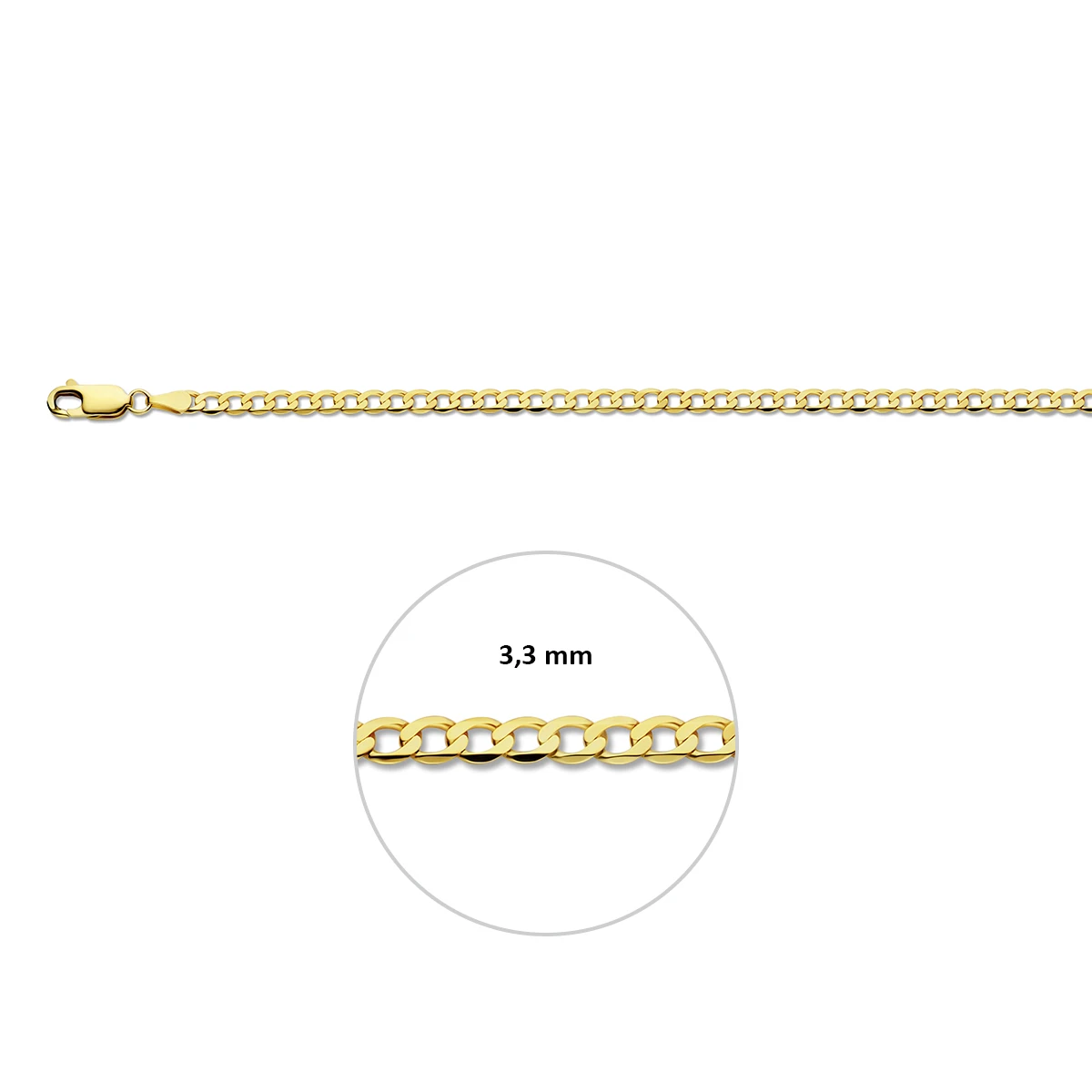 gourmette wijd 6 zijdes geslepen 3,3 mm massief 14K geelgoud
