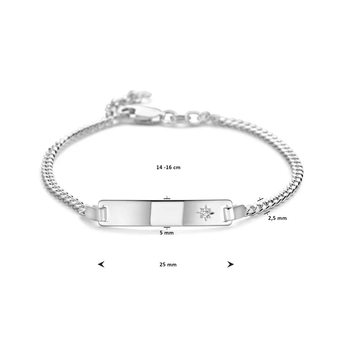 graveerarmband gourmette 4 zijdes geslepen zirkonia plaat 5,0 mm zilver wit