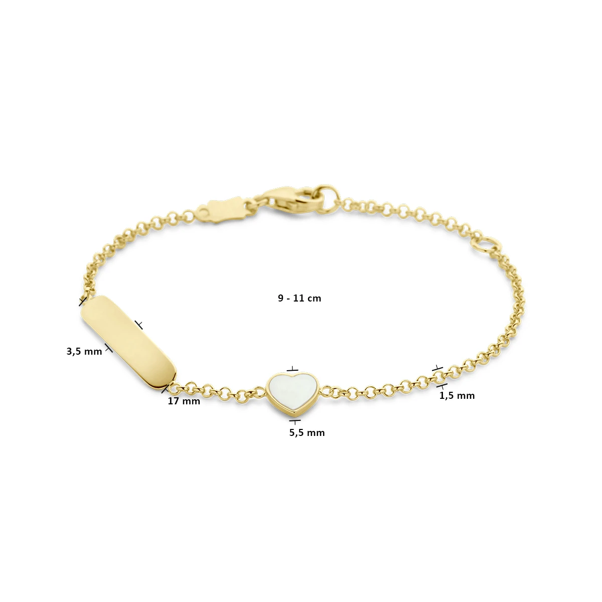 graveerarmband hart parelmoer en plaat 1,5 mm 14K geelgoud