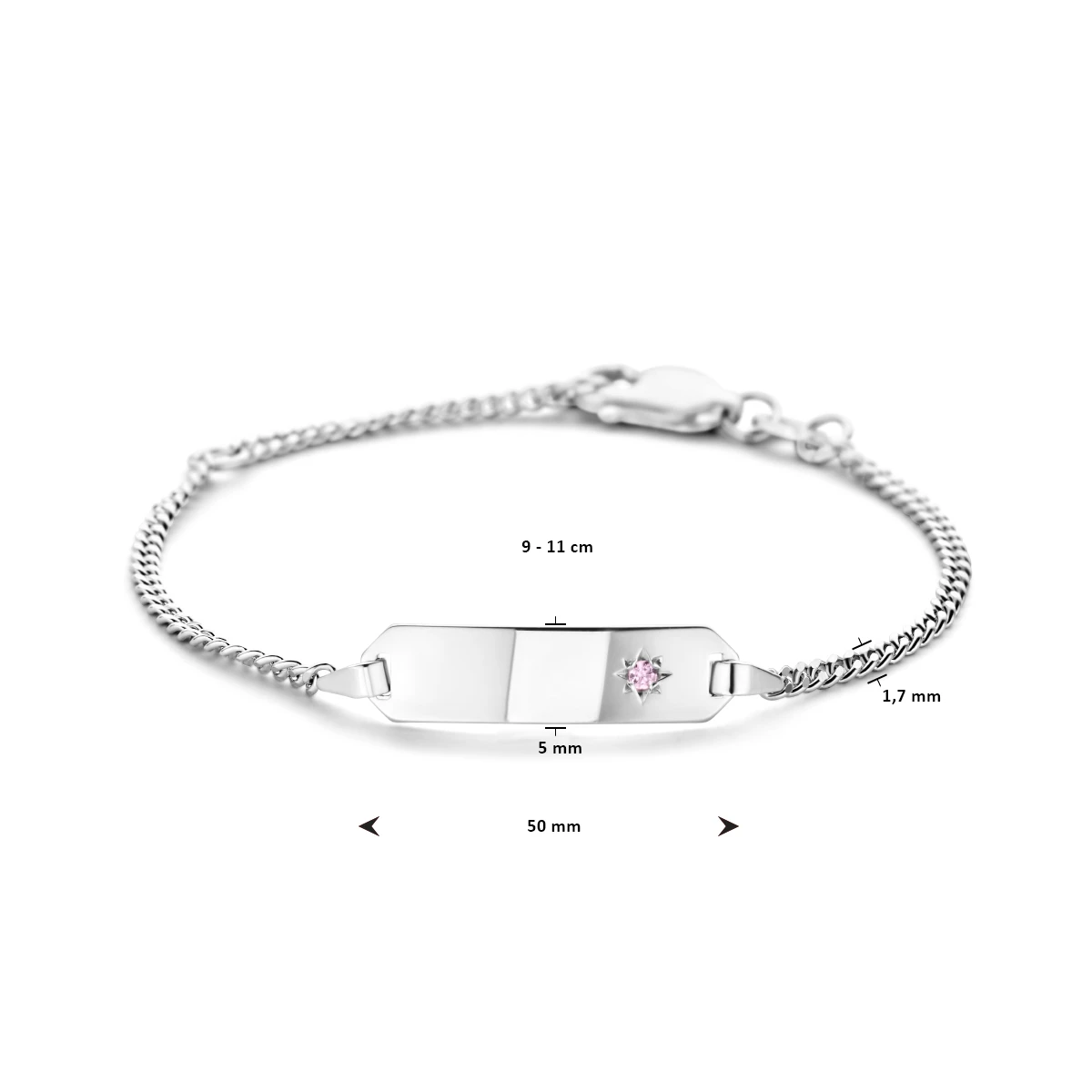 graveerarmband roze zirkonia plaat 5,0 mm zilver wit