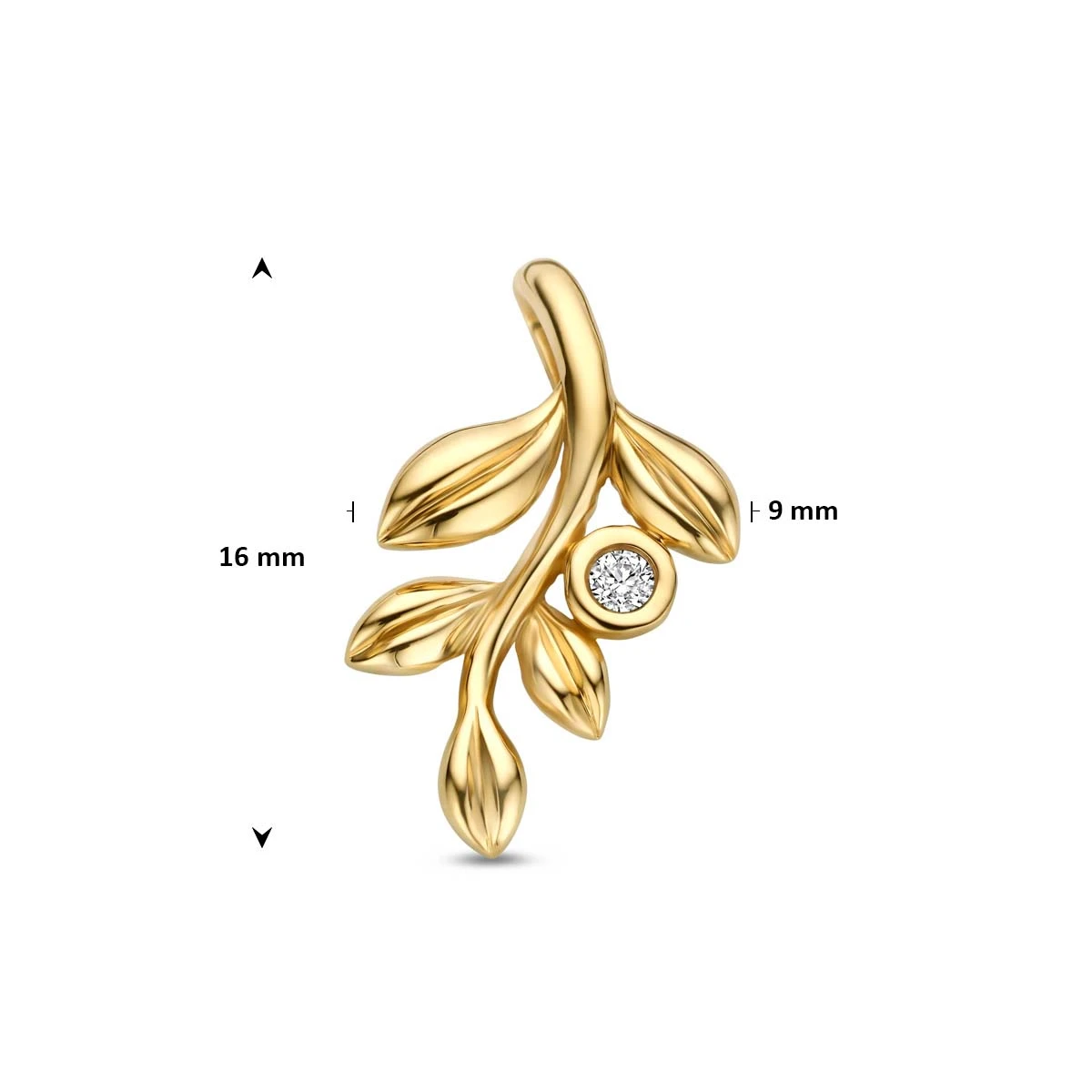 hanger bladeren en lab grown diamant 0.02ct f vs 16 mm 14K geelgoud