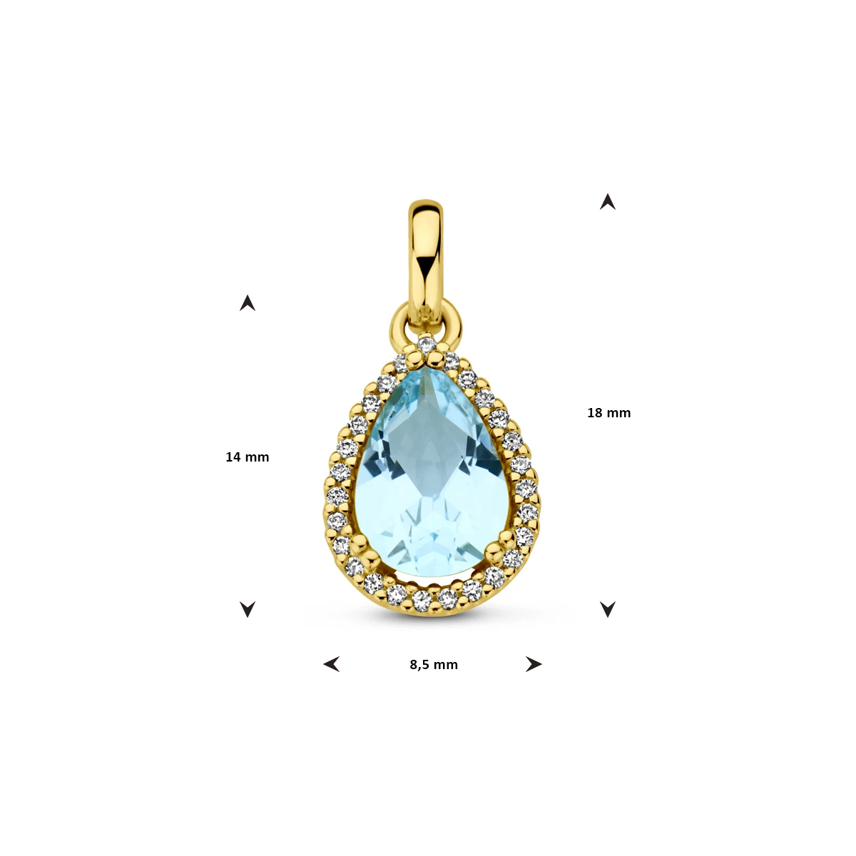 hanger blauw topaas en diamant 0.07ct h si halo 14K geelgoud