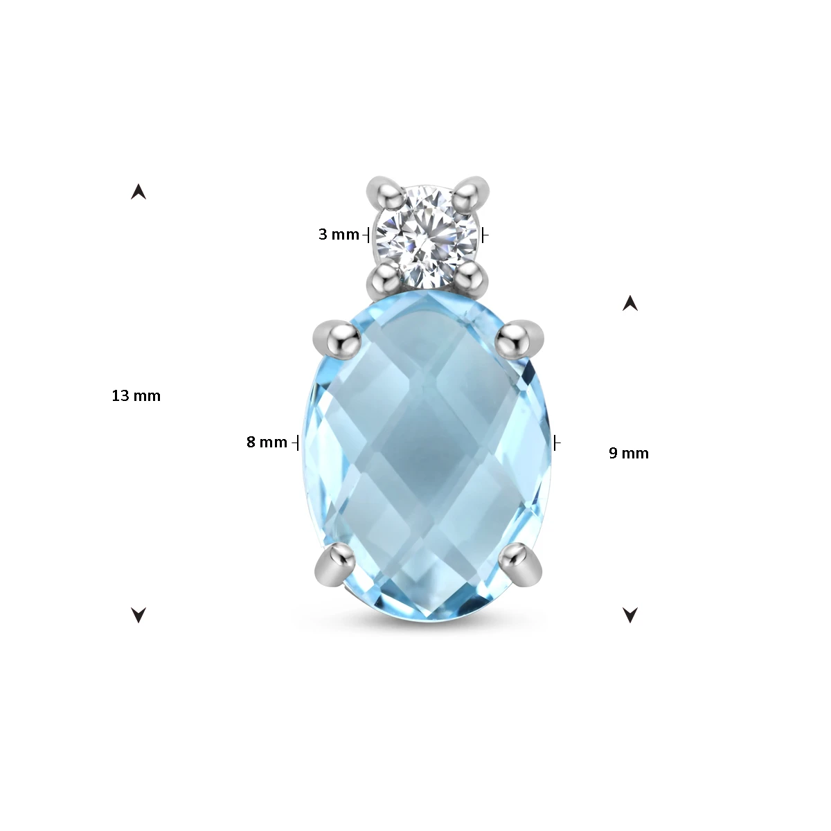 hanger blauw topaas en zirkonia 13 mm zilver gerhodineerd