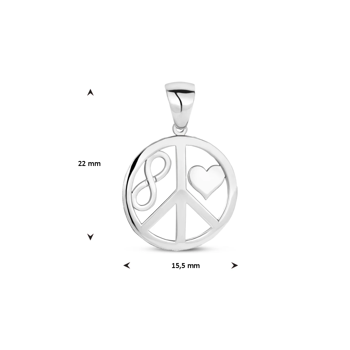 hanger cirkel hart, peace en infinity zilver gerhodineerd