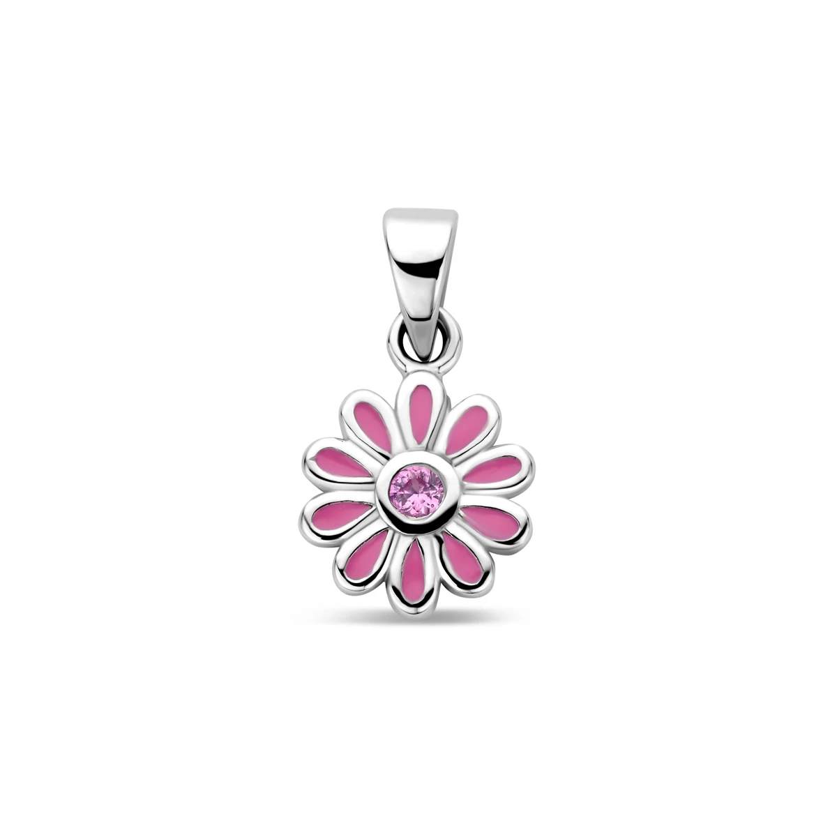 hanger emaille bloem roze zirkonia 16 mm zilver gerhodineerd