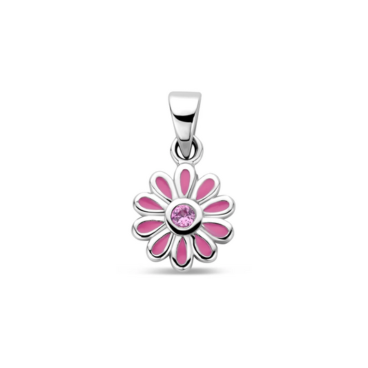 hanger emaille bloem roze zirkonia 16 mm zilver gerhodineerd
