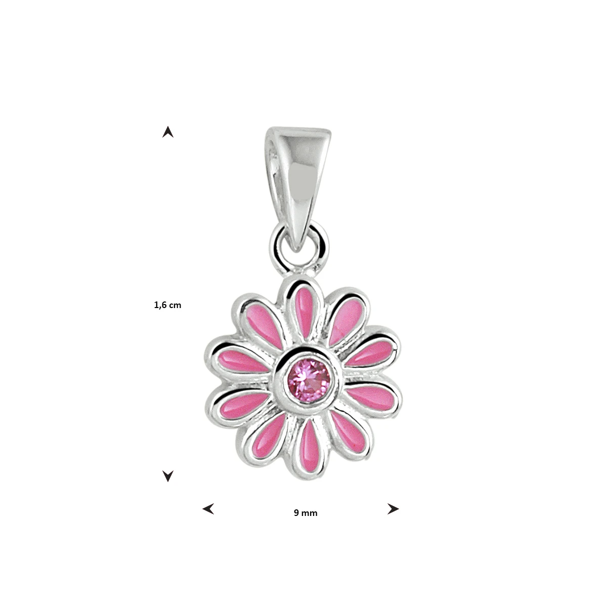 hanger emaille bloem roze zirkonia 16 mm zilver gerhodineerd