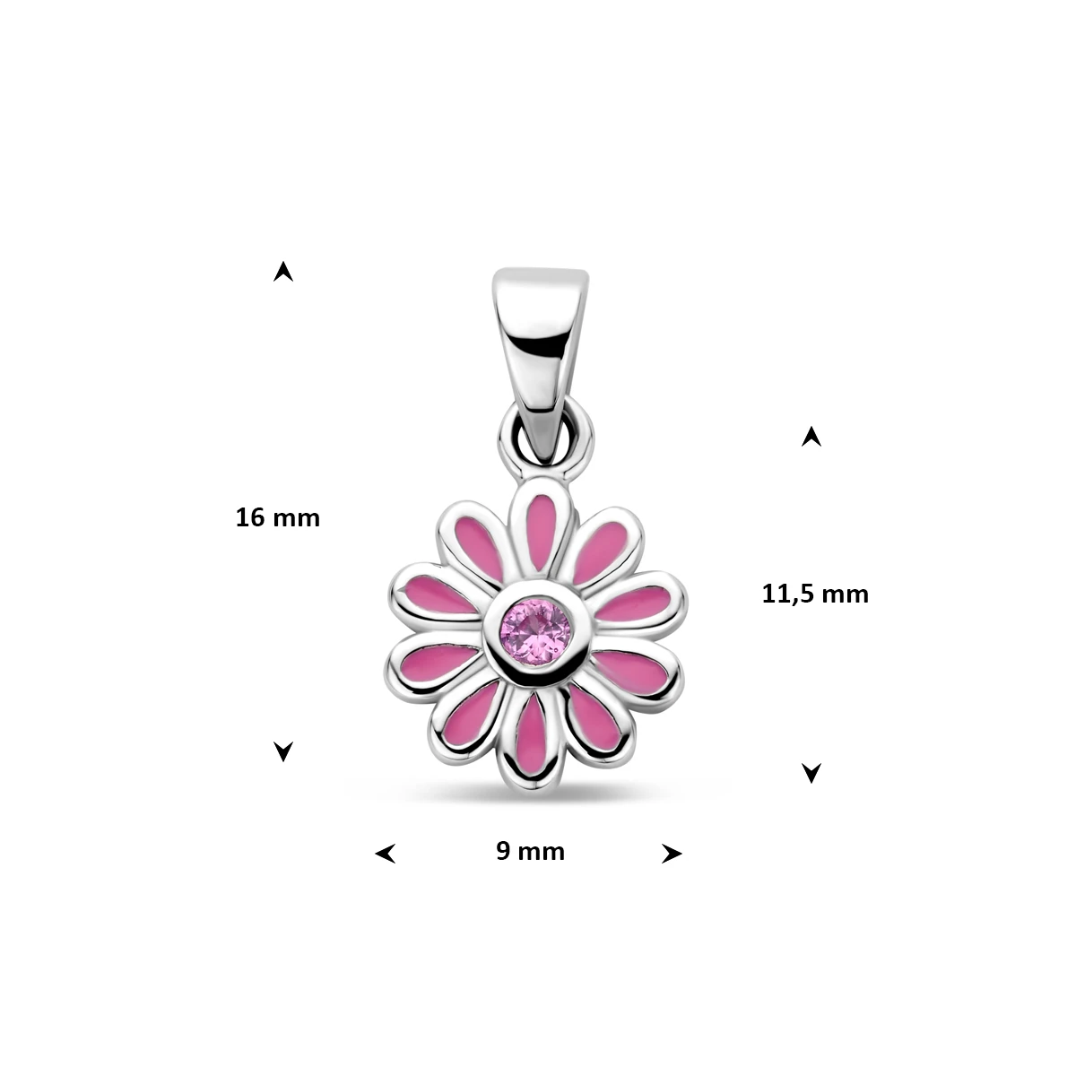 hanger emaille bloem roze zirkonia 16 mm zilver gerhodineerd