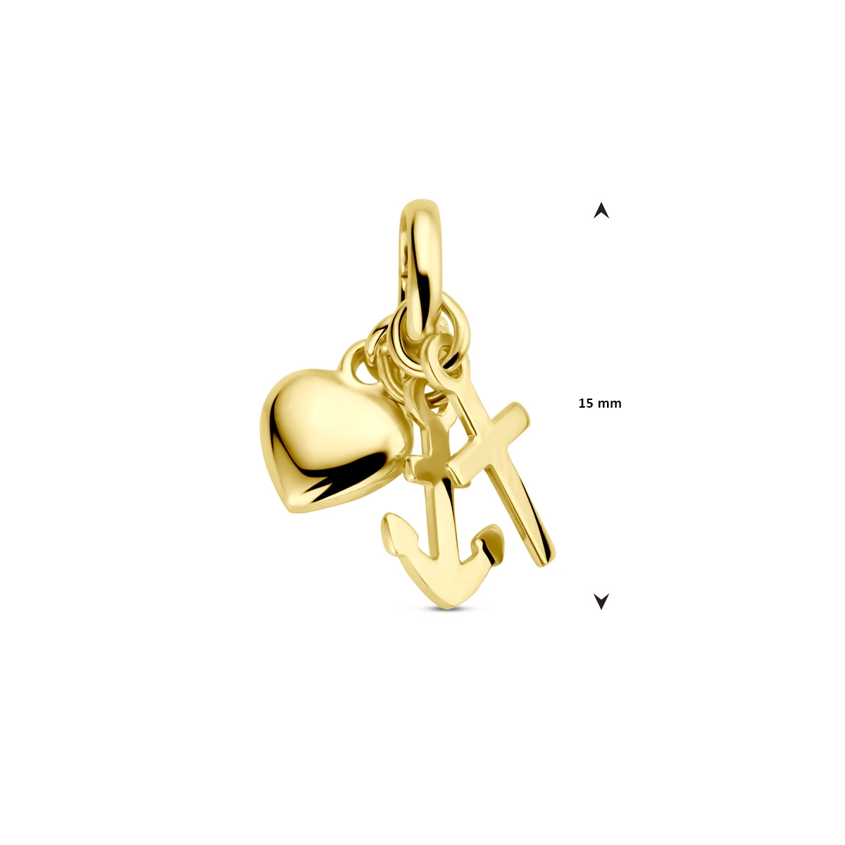 hanger geloof, hoop en liefde 15 mm 14K geelgoud