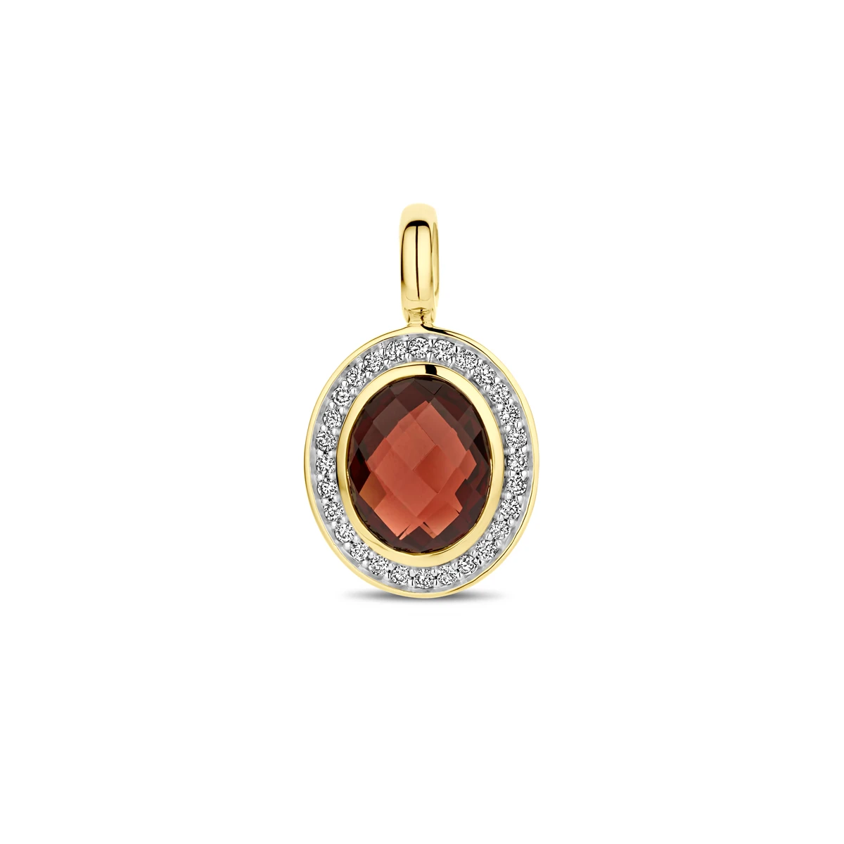 hanger granaat en diamant 0.18ct h si 21,5 mm 14K geelgoud