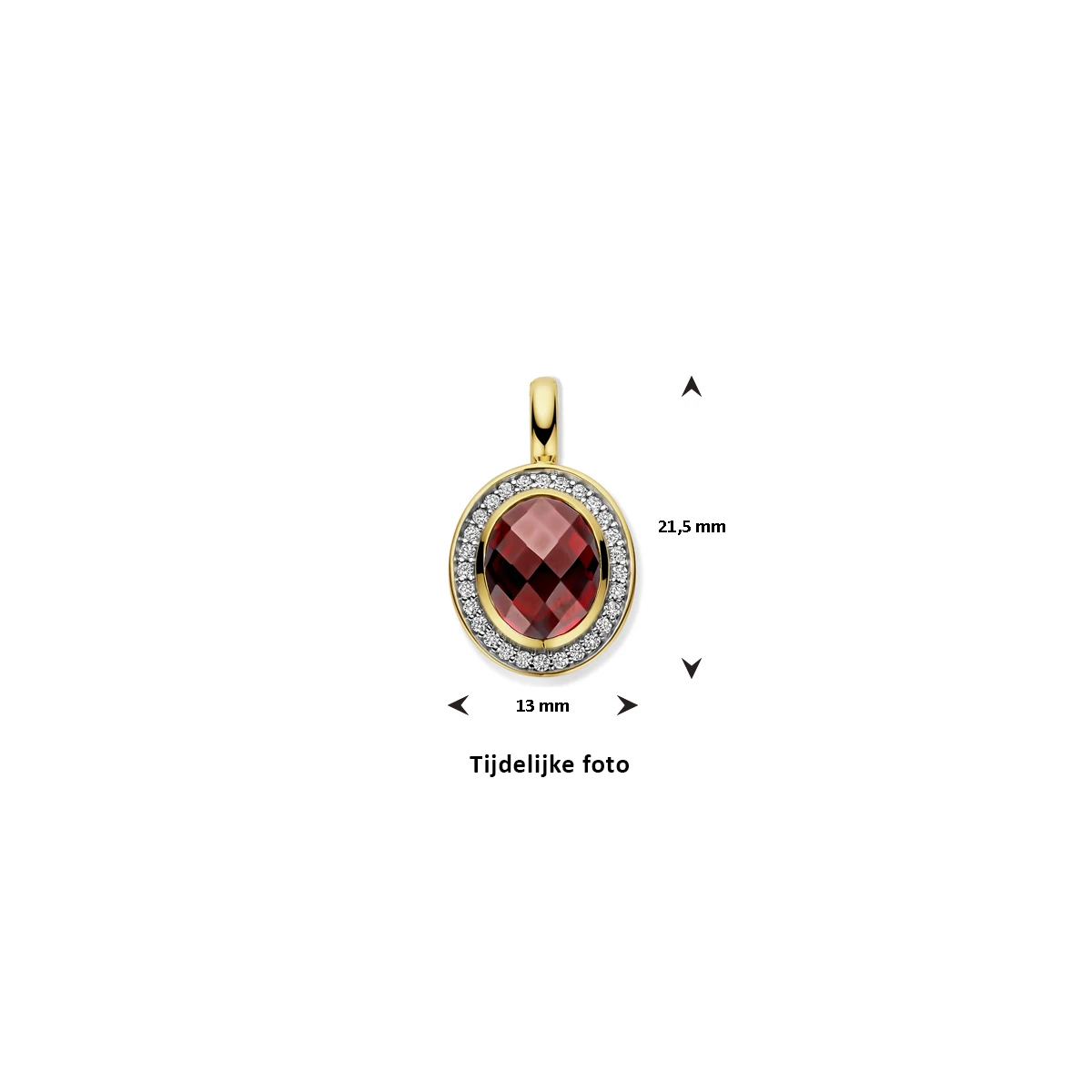 hanger granaat en diamant 0.18ct h si 21,5 mm 14K geelgoud