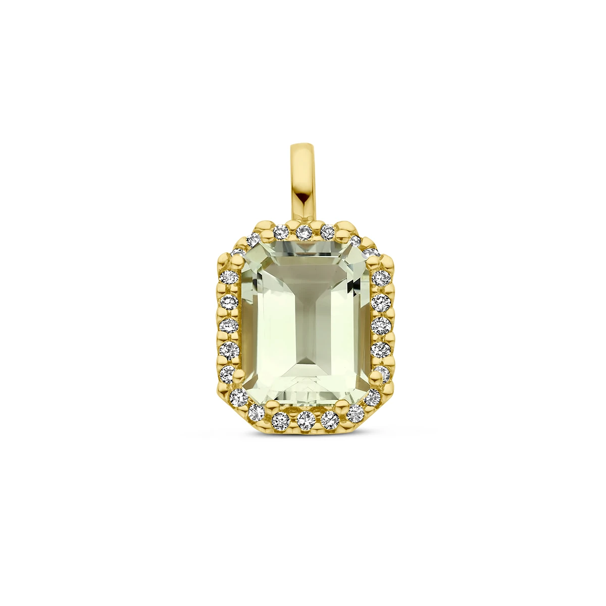 hanger groen amethist en diamant 0.10ct h si halo 14K geelgoud