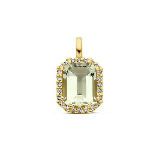 hanger groen amethist en diamant 0.10ct h si halo 14K geelgoud