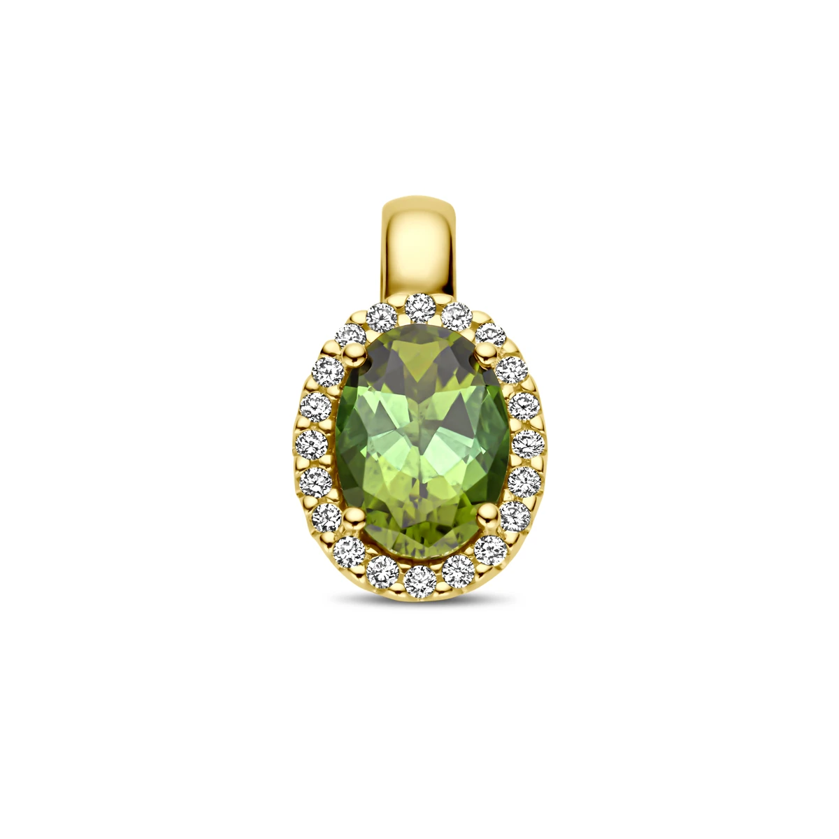 hanger groen toermalijn en diamant 0.08ct h si halo 13 mm 14K geelgoud