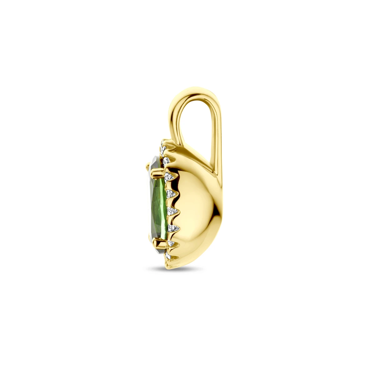 hanger groen toermalijn en diamant 0.08ct h si halo 13 mm 14K geelgoud