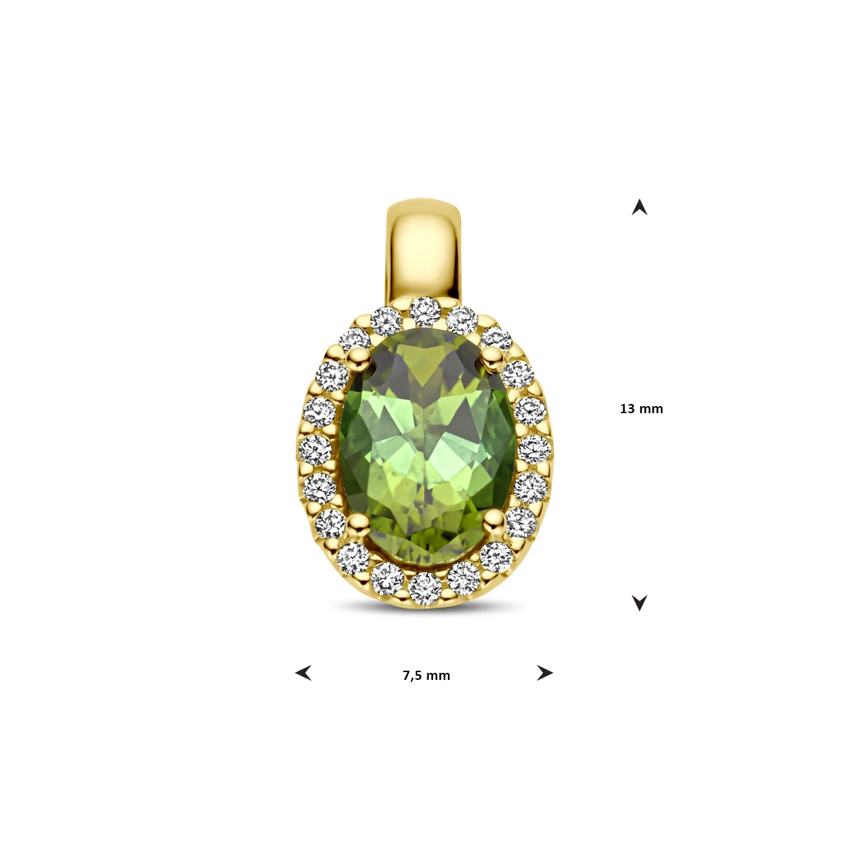 hanger groen toermalijn en diamant 0.08ct h si halo 13 mm 14K geelgoud