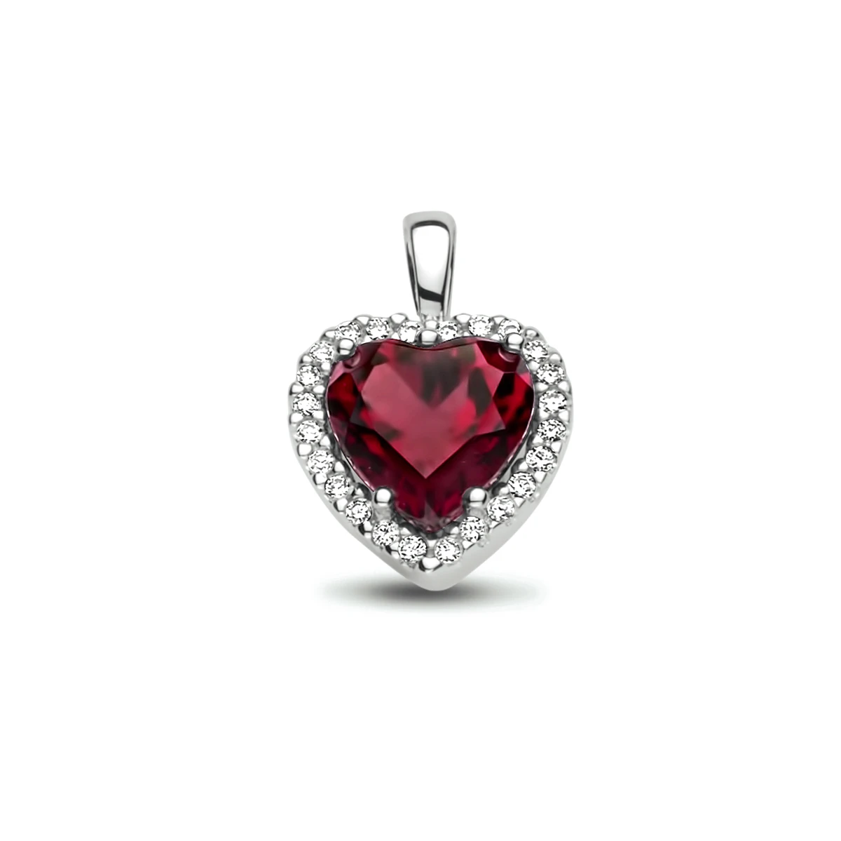 hanger hart rhodoliet en diamant 0.10ct h si halo 14K witgoud