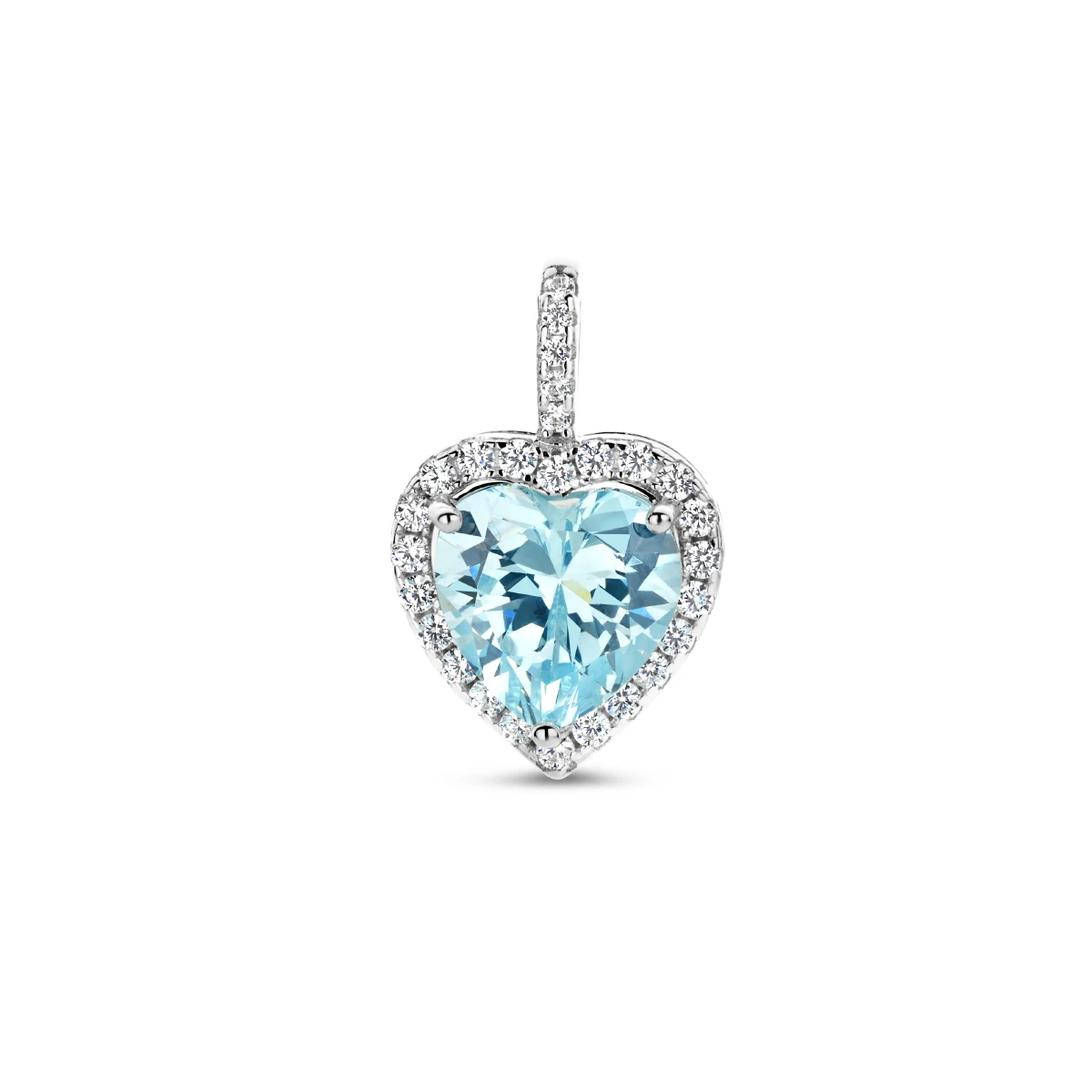 hanger hart wit en aquamarijnkleurig zirkonia halo zilver gerhodineerd